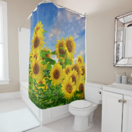 Field of Sunflowers Against Blue Sky with Clouds Shower Curtain