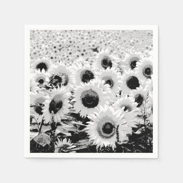 Field of Sunflowers - black, white and grey Paper Napkins (Front)