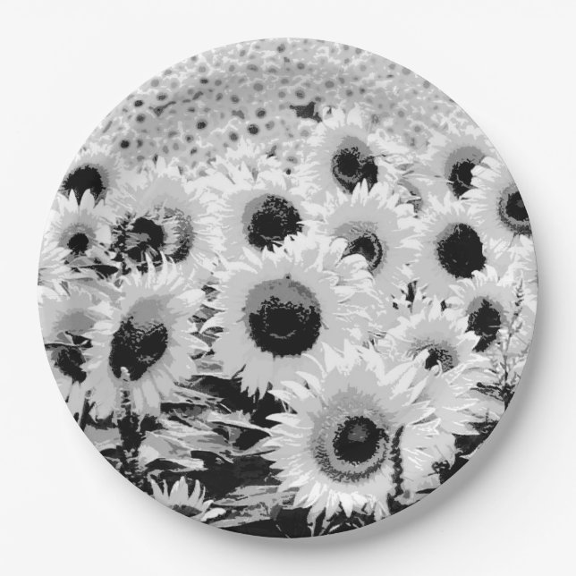 Field of Sunflowers - black, white and grey Paper Plates (Front)