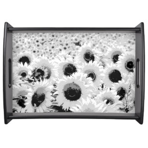 Field of Sunflowers - black, white and grey Serving Tray