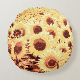 Field of Sunflowers - brown, gold and yellow Round Pillow