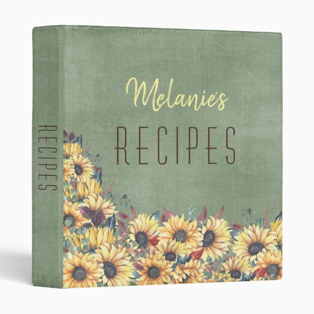 Field of Sunflowers on Green Personalized Recipe  3 Ring Binder (Front/Spine)