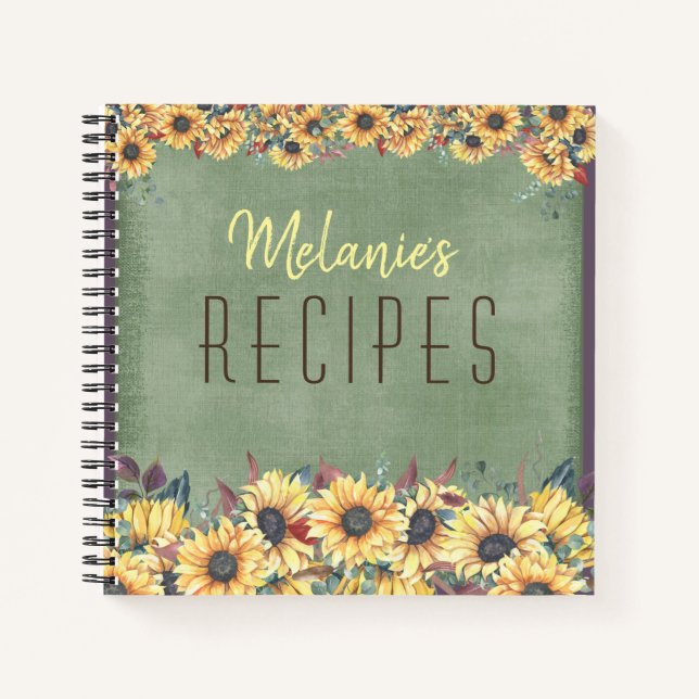 Field of Sunflowers on Green Personalized Recipe Notebook (Front)