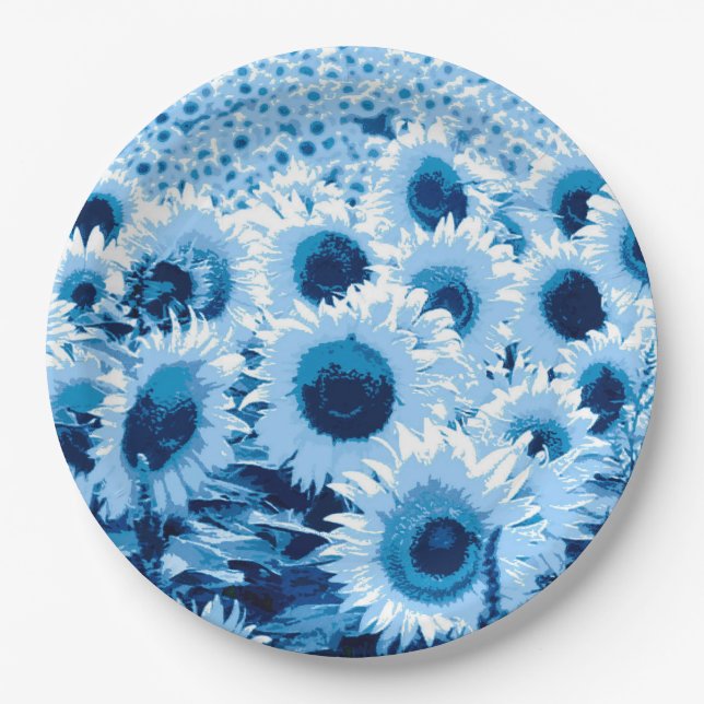 Field of Sunflowers - shades of blue Paper Plates (Front)