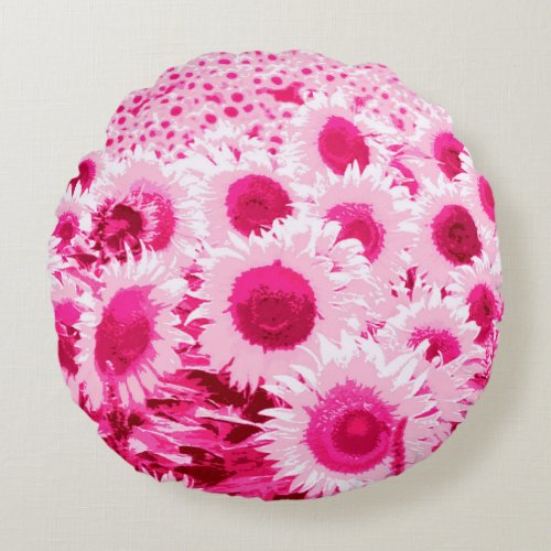 Field of Sunflowers _ shades of fuchsia pink Round Pillow