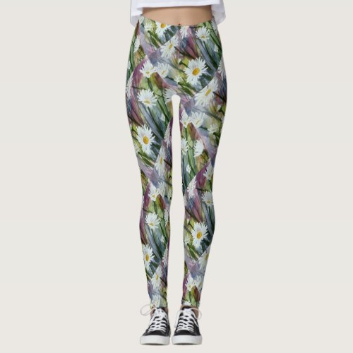 FIELD OF WHITE DAISIES  FLORAL LEGGINGS