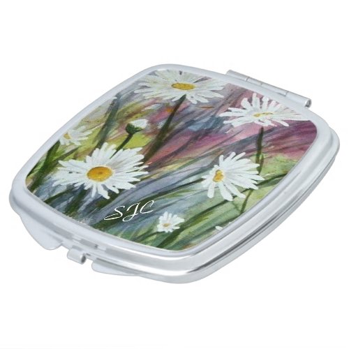 FIELD OF WHITE DAISIES MONOGRAMED COMPACT MIRROR