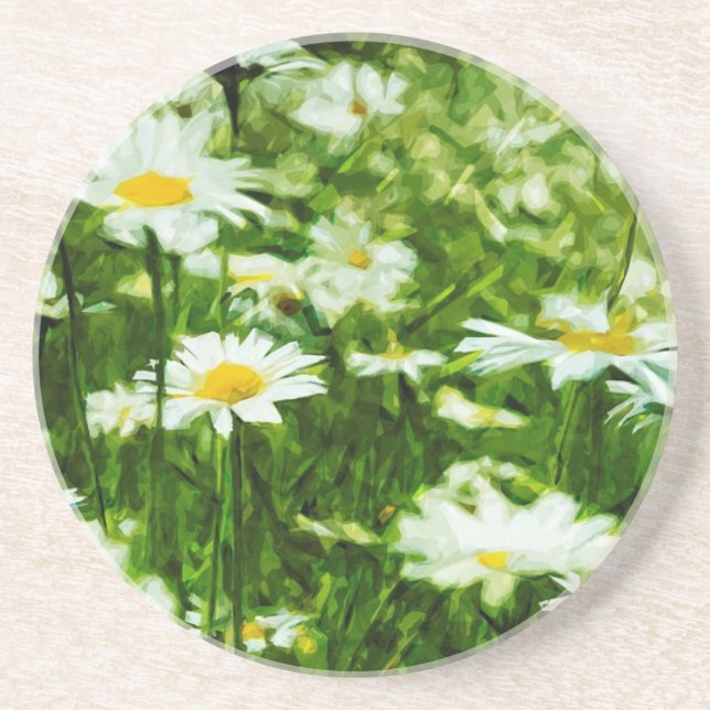 Field of White Wild Daisies Abstract Sandstone Coaster (Front)