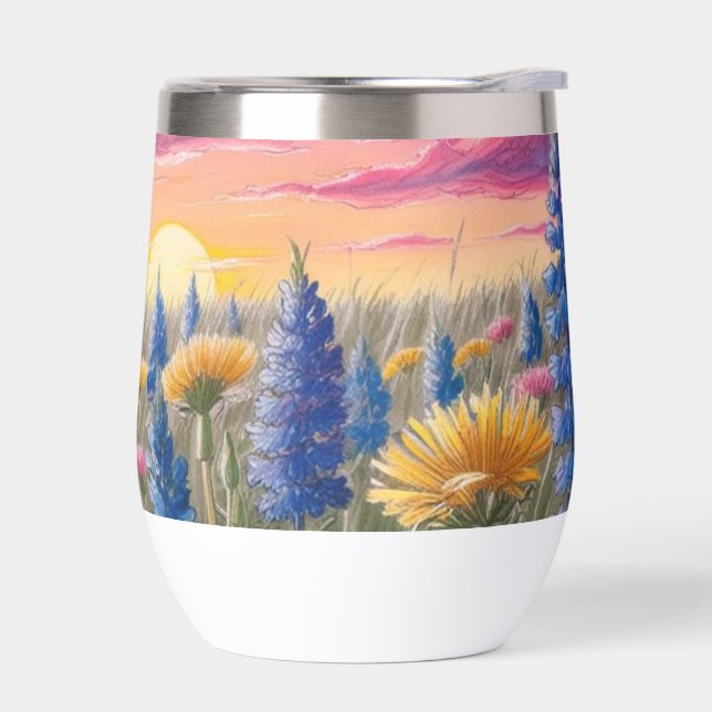 Field of Wildflowers at Sunset Thermal Wine Tumbler (Left)