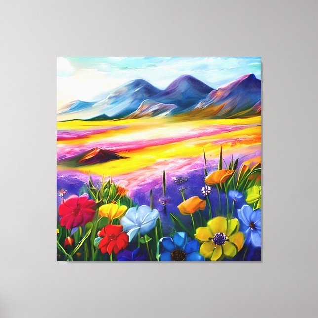 Field of Wildflowers at the foot of a Mountain Canvas Print (Front)