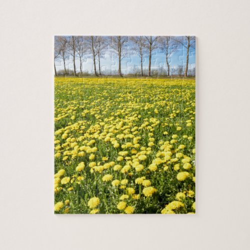 Field of yellow dandelions in grass with tree line jigsaw puzzle