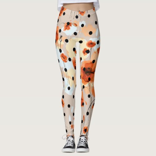 Field poppies abstract floral pattern leggings
