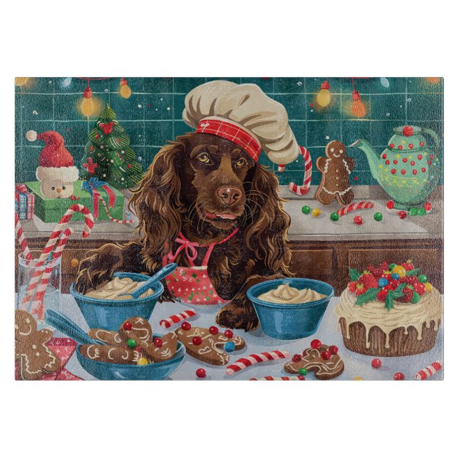 Field Spaniel Holiday Baking: Festive Christmas Cutting Board (Front)