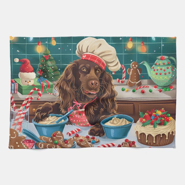 Field Spaniel Holiday Baking: Festive Christmas Kitchen Towel (Horizontal)