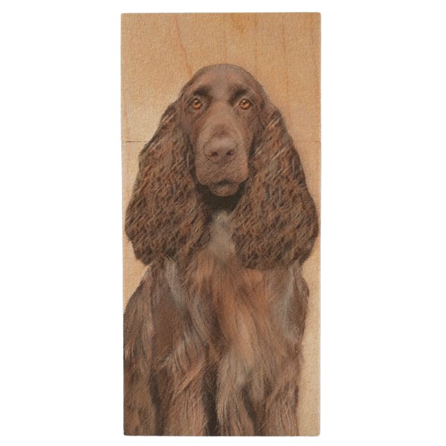 Field Spaniel Painting - Cute Original Dog Art Wood Flash Drive (Front Vertical)