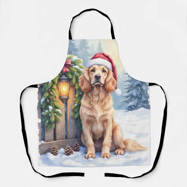 Field Spaniel Snowy Fence Santa Hat Christmas Art Apron (Front)