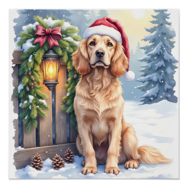 Field Spaniel Snowy Fence Santa Hat Christmas Art Poster (Front)