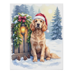 Field Spaniel Snowy Fence Santa Hat Christmas Art Poster