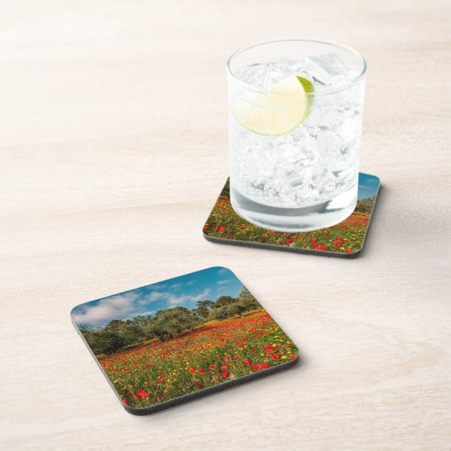 field with flowers and trees beverage coaster (Right Side)