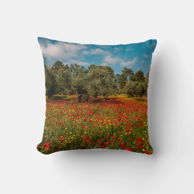field with flowers and trees throw pillow (Front)