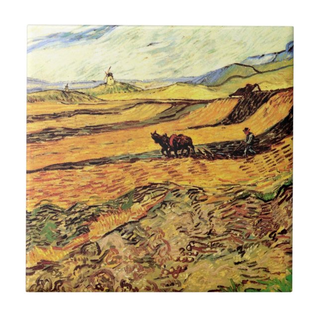 Field with Ploughman and Mill by Vincent van Gogh Ceramic Tile (Front)