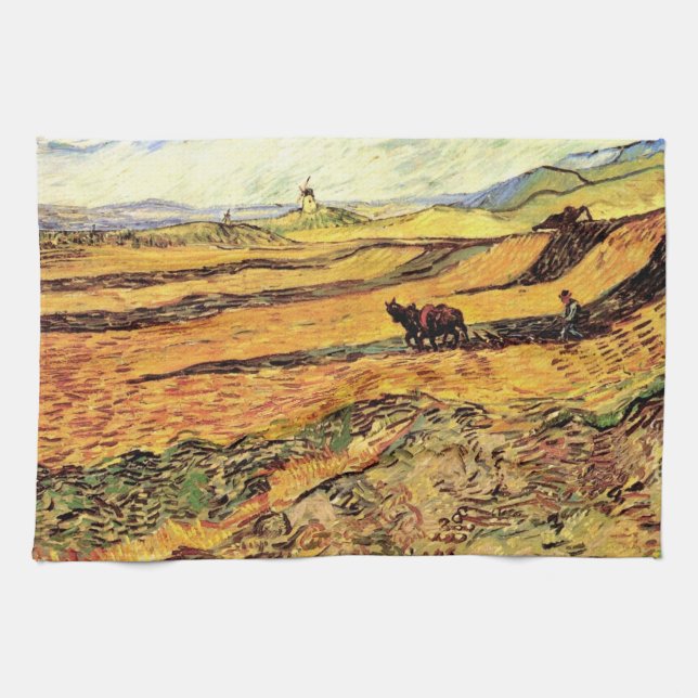 Field with Ploughman and Mill by Vincent van Gogh Kitchen Towel (Horizontal)