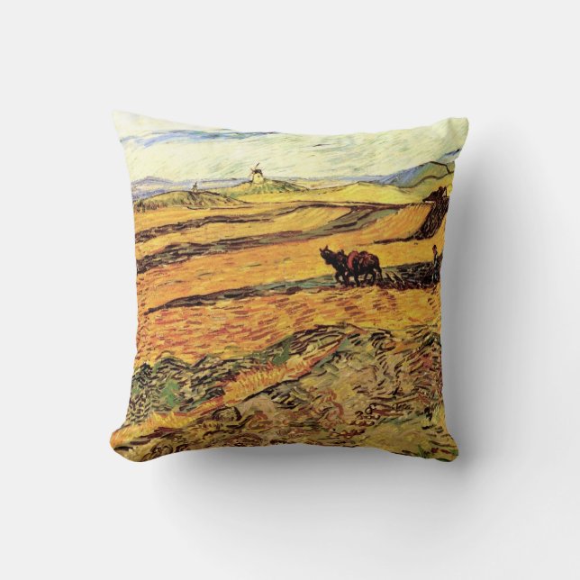 Field with Ploughman and Mill by Vincent van Gogh Throw Pillow (Front)