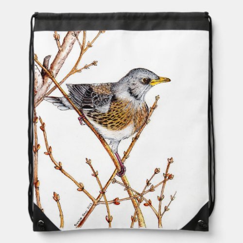 Fieldfare bird Turdus pilaris Drawstring Bag