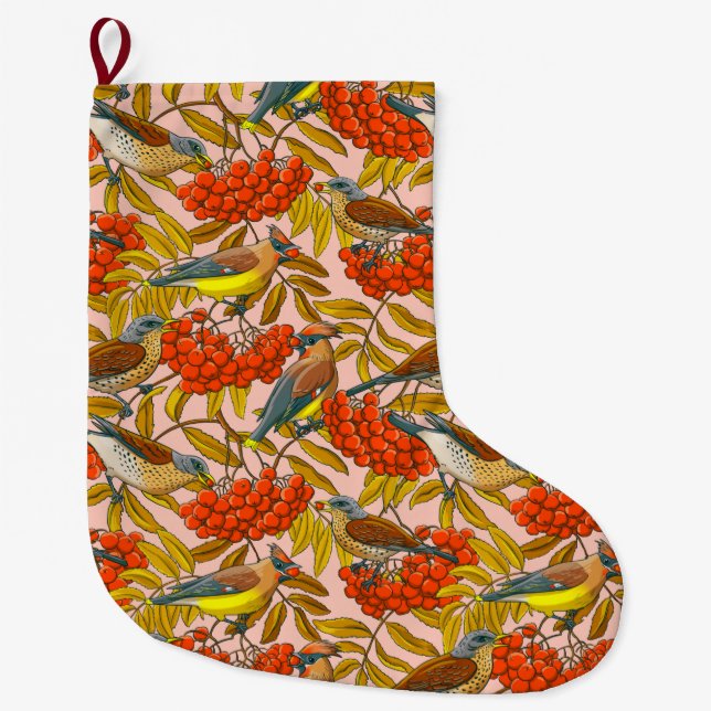 Fieldfares and waxwings on rowan bunches-2 large christmas stocking (Front)