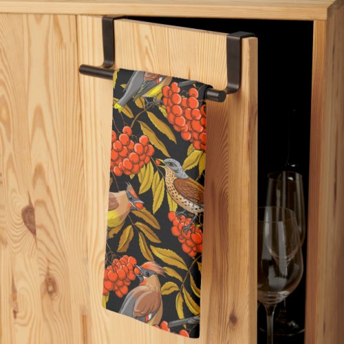 Fieldfares and waxwings on rowan bunches kitchen towel