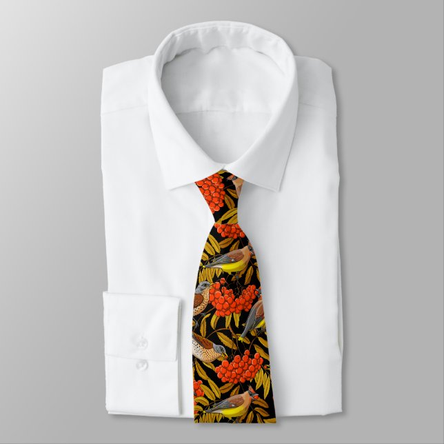 Fieldfares and waxwings on rowan bunches neck tie (Tied)
