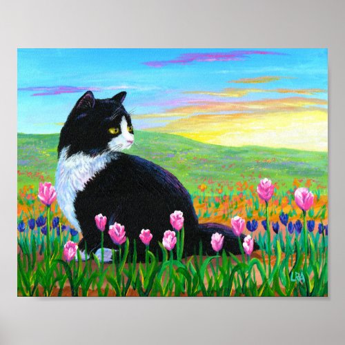 Fields of Tulips Tuxedo Black Cat Art Poster