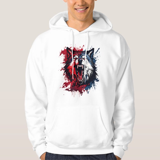 Fierce Alpha Wolf – Red & Blue Splatter Art | Wild Hoodie (Front)