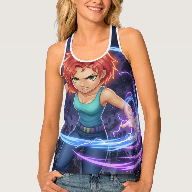 Fierce Anime Girl Power – Electric Energy Warrior  Tank Top (Front)