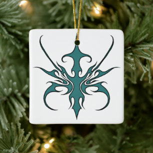 Fierce Aquamarine Tribal Line Art Illustration Ceramic Ornament