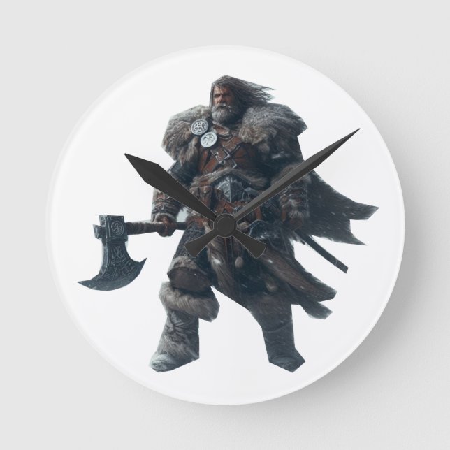 Fierce Barbarian Warrior with Ancient Axe  Round Clock (Front)