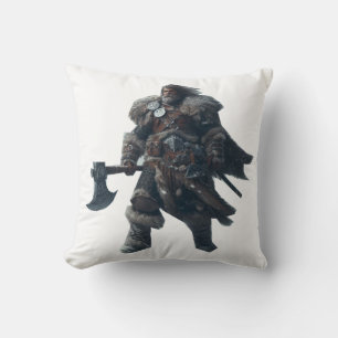 Fierce Barbarian Warrior with Ancient Axe Throw Pillow