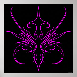 Fierce Black and Pink Tribal Line Art Illustration Poster