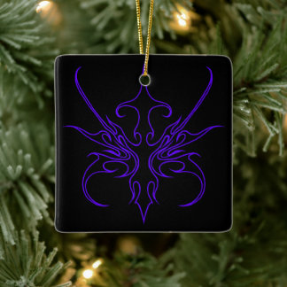 Fierce Black and Purple Tribal Line Art Ceramic Ornament