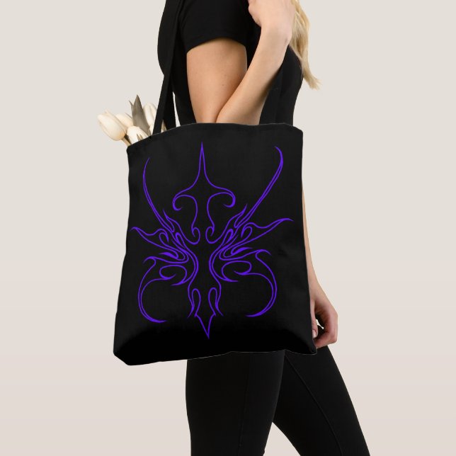 Fierce Black and Purple Tribal Line Art Tote Bag (Close Up)