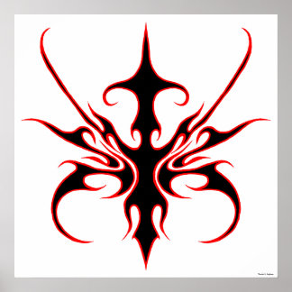Fierce Black and Red Tribal Line Art Illustration Poster