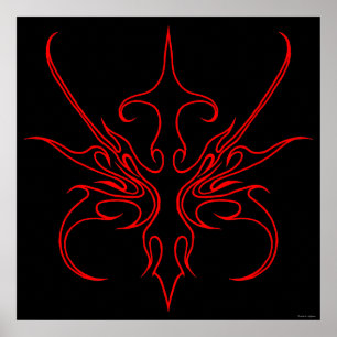 Fierce Black and Red Tribal Line Art Illustration Poster