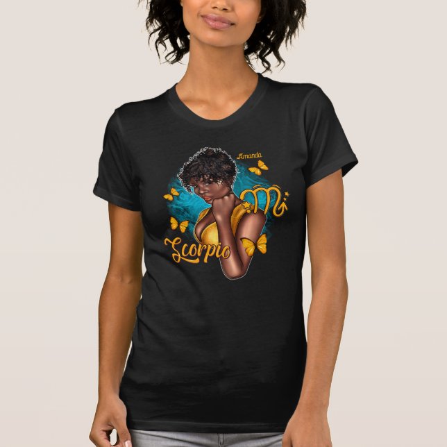 Fierce Black Scorpio Diva with Mystical Vibes T-Shirt (Front)