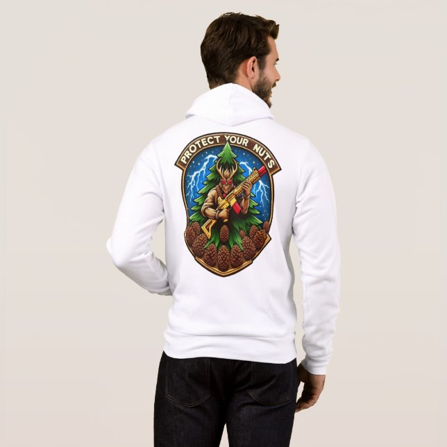 Fierce Cartoon Squirrel Defending Pine Cones  Hoodie (Back Full)