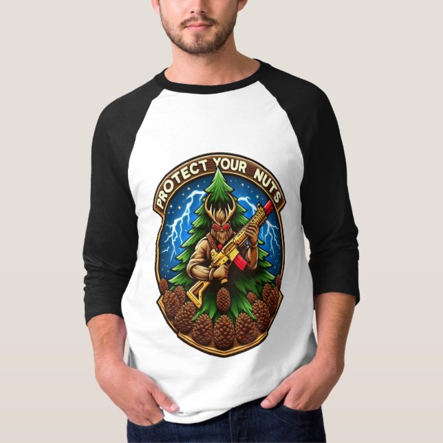 Fierce Cartoon Squirrel Defending Pine Cones  T-Shirt (Front)