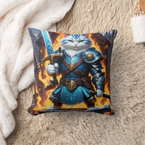 Fierce Cat Warrior in Battle Armor With Sword Throw Pillow