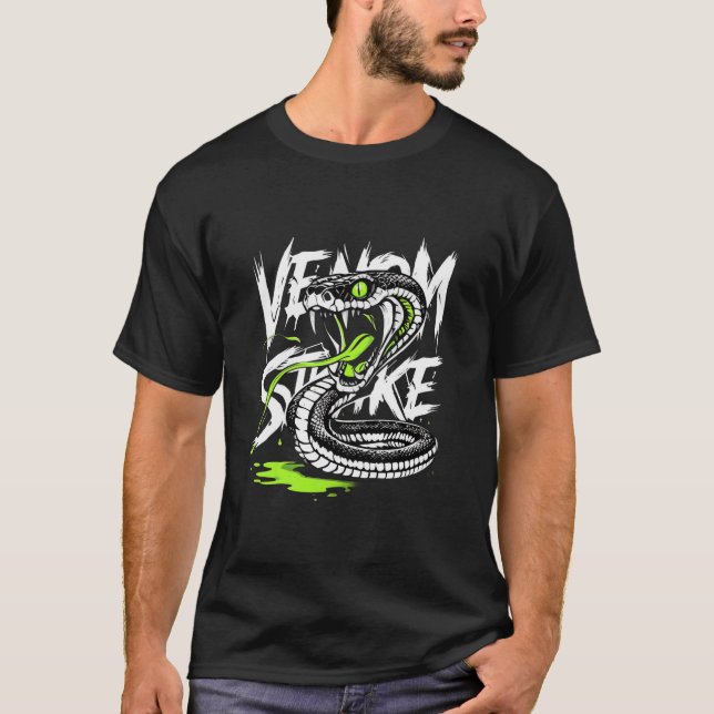 Fierce Coiled Snake with Venom Strike Text Cartoon T-Shirt (Front)