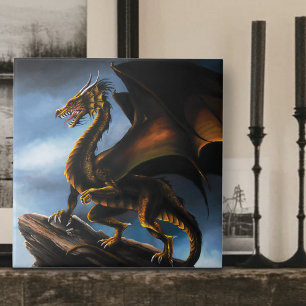 Fierce Copper Gold Black Dragon Fantasy Ceramic Tile