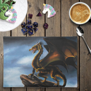 Fierce Copper Gold Black Dragon Fantasy Cloth Placemat