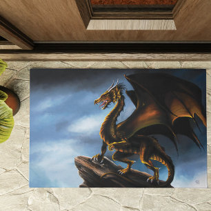 Fierce Copper Gold Black Dragon Fantasy Doormat